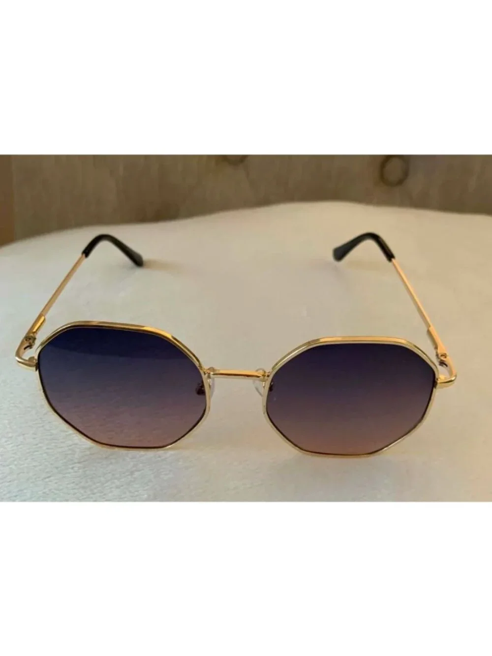 Unisex Octagonal Gold Metal Frame Gradient Blue to Pink Lens Sunglasses